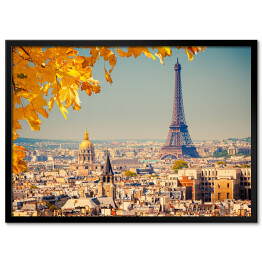 Plakat w ramie Wieża Eiffla ze złotymi jesiennymi liśćmi