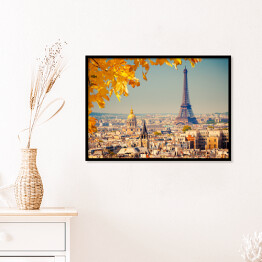 Plakat w ramie Wieża Eiffla ze złotymi jesiennymi liśćmi