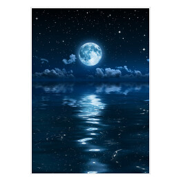Plakat samoprzylepny Księżyc i chmury w nocy odbijające się w morzu
