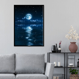 Plakat w ramie Księżyc i chmury w nocy odbijające się w morzu