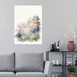 Plakat Akwarelowy las. Pastelowy krajobraz
