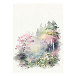 Plakat samoprzylepny Akwarelowy las. Pastelowy krajobraz