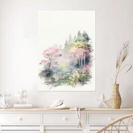 Plakat samoprzylepny Akwarelowy las. Pastelowy krajobraz
