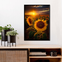 Plakat w ramie Zachód słońca nad polem słoneczników