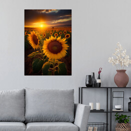 Plakat Zachód słońca nad polem słoneczników