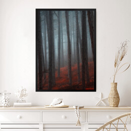 Obraz w ramie Tajemniczy las we mgle. Czerwono czarny mistyczny krajobraz