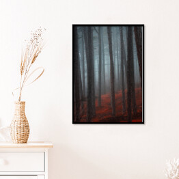 Plakat w ramie Tajemniczy las we mgle. Czerwono czarny mistyczny krajobraz