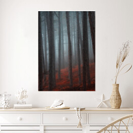 Plakat samoprzylepny Tajemniczy las we mgle. Czerwono czarny mistyczny krajobraz