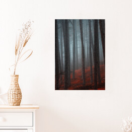 Plakat Tajemniczy las we mgle. Czerwono czarny mistyczny krajobraz