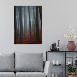 Plakat samoprzylepny Tajemniczy las we mgle. Czerwono czarny mistyczny krajobraz