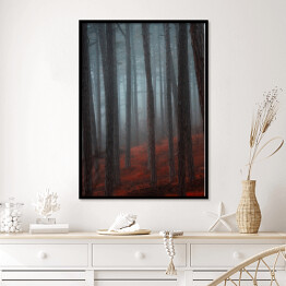 Plakat w ramie Tajemniczy las we mgle. Czerwono czarny mistyczny krajobraz