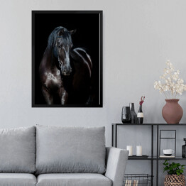 Obraz w ramie Czarny koń na czarnym tle