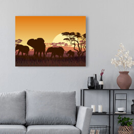 Obraz na płótnie Rodzina słoni na sawannie - Afryka o zachodzie słońca