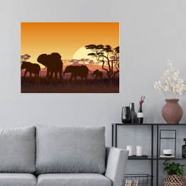 Plakat Rodzina słoni na sawannie - Afryka o zachodzie słońca