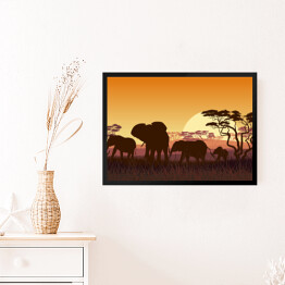 Obraz w ramie Rodzina słoni na sawannie - Afryka o zachodzie słońca