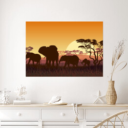Plakat Rodzina słoni na sawannie - Afryka o zachodzie słońca