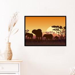 Plakat w ramie Rodzina słoni na sawannie - Afryka o zachodzie słońca