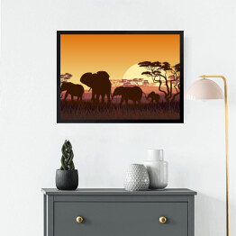 Obraz w ramie Rodzina słoni na sawannie - Afryka o zachodzie słońca