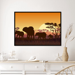 Plakat w ramie Rodzina słoni na sawannie - Afryka o zachodzie słońca