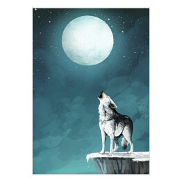Plakat Wilk nad urwiskiem i księżyc
