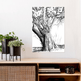 Plakat Duże samotne drzewo - atrament na białym tle