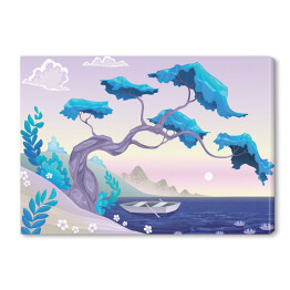 Obraz na płótnie Romantyczny krajobraz z drzewem i jeziorem