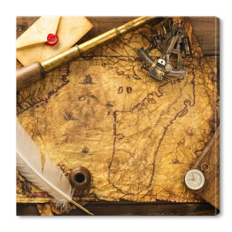 Obraz na płótnie Dawne narzędzia podróżnika na mapie na drewnianym tle