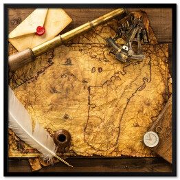 Plakat w ramie Dawne narzędzia podróżnika na mapie na drewnianym tle