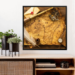 Obraz w ramie Dawne narzędzia podróżnika na mapie na drewnianym tle