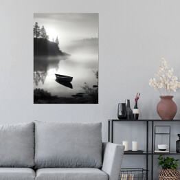Plakat Łódź na jeziorze we mgle