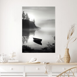Plakat samoprzylepny Łódź na jeziorze we mgle