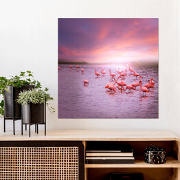 Plakat samoprzylepny Flamingi na tle różowego nieba