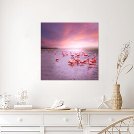 Plakat samoprzylepny Flamingi na tle różowego nieba