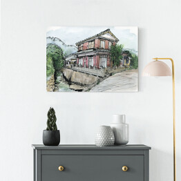 Obraz na płótnie Dom nad rzeką - kolorowy rysunek