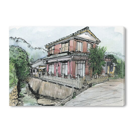 Dom nad rzeką - kolorowy rysunek