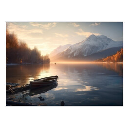 Plakat Łódka na jeziorze w górach jesienny krajobraz