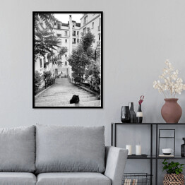 Plakat w ramie Czarno biały krajobraz miejski z kotem