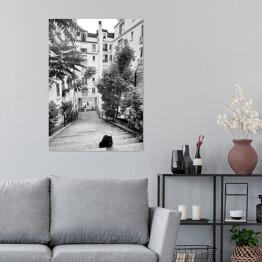 Plakat Czarno biały krajobraz miejski z kotem
