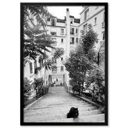 Plakat w ramie Czarno biały krajobraz miejski z kotem