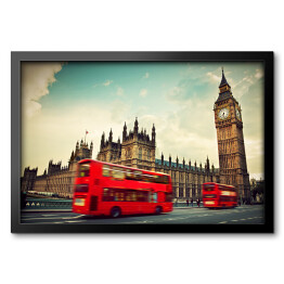 Obraz w ramie Czerwony autobus w drodze i Big Ben