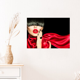 Plakat samoprzylepny Kobieta z modną fryzurą, makijażem i manicure w czerwonym ubraniu