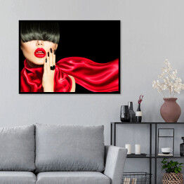 Plakat w ramie Kobieta z modną fryzurą, makijażem i manicure w czerwonym ubraniu
