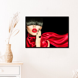 Plakat w ramie Kobieta z modną fryzurą, makijażem i manicure w czerwonym ubraniu