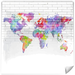 Fototapeta Kolorowa mapa świata na ścianie z cegły