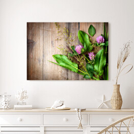Obraz na płótnie Wiosenne zioła rozłożone na drewnianym stole