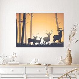Plakat samoprzylepny Dzikie zwierzęta w lesie na tle zachodzącego słońca