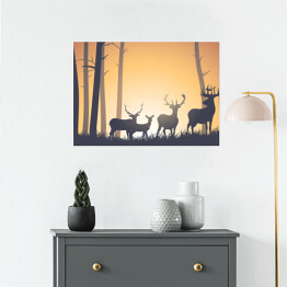 Plakat Dzikie zwierzęta w lesie na tle zachodzącego słońca