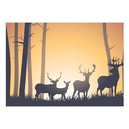 Plakat Dzikie zwierzęta w lesie na tle zachodzącego słońca