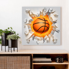 Obraz na płótnie Piłka do koszykówki przebijająca się przez ścianę