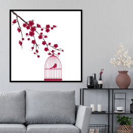Plakat w ramie Czerwony ptak w klatce na gałęzi z kwiatami